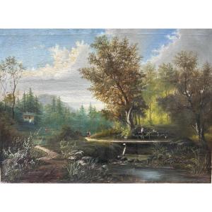 Oil On Canvas Large Form Lively Landscape 19th Century