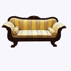 19th Century Charles X Sofa In Mahogany And Marquetry, Renovated Tapestry