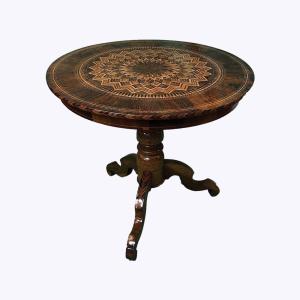 Round Table In Rosewood And Marquetry, 1920s - Diameter 90 Cm