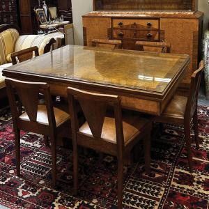 1930s Art Deco Dining Room In Burr Walnut, Table And 6 Chairs