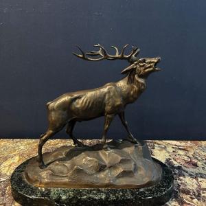 Stag Sculpture In Bronze Signed On Marble Base