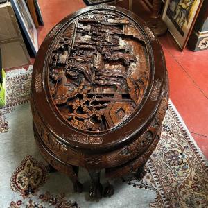 Carved Chinese Table With 6 Stools In Exotic Wood