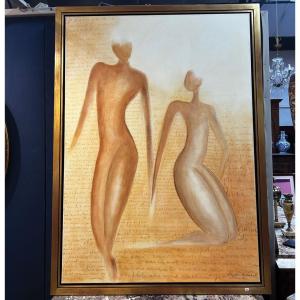 Claudine Hennebert, Oil On Canvas, Abstract Female Silhouettes