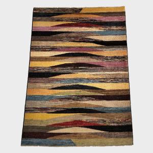 Art Deco Wool Afghan Rug With Wavy Pattern, 230 X 68 Cm