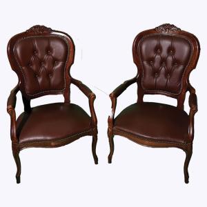 Pair Of Louis XV Cabriolet Armchairs In Carved Wood And Leather