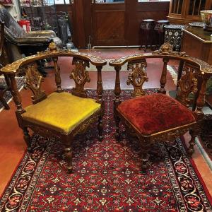 Pair Of English Victorian Armchairs In Carved Oak