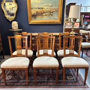 Set Of 6 Louis XVI Style Dining Chairs In Marquetry, 19th Century