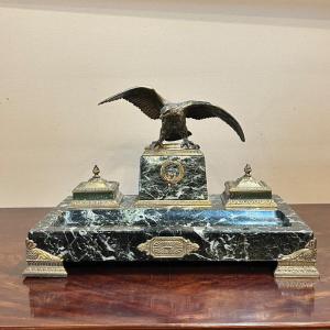Napoleon III Green Marble And Bronze Eagle Office Inkwell