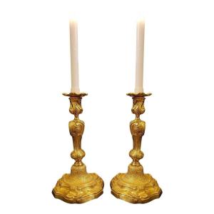 Pair Of Candlesticks In Gilt Bronze Louis XV Rocaille Style With "butterflies" Nineteenth