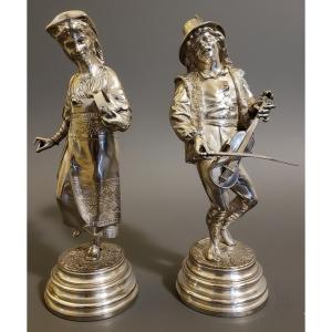 Pair Of Sculptures In Silver Bronzes Characters From Abruzzo_ Lalouette 19th Century Sculptor