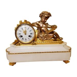 "putto In Study" Clock In Gilded Bronze And Carrara Marble Signed H. Picard 19th Century