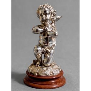 Silvered Bronze Sculpture "cupid" By Louis Kley, 19th Century Marble Base