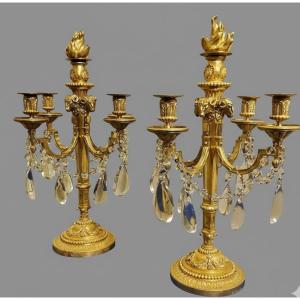 Pair Of Candelabra "à La Grecque" Gilded Bronzes And Crystals Signed Eugéne Hazart Paris 19th Century