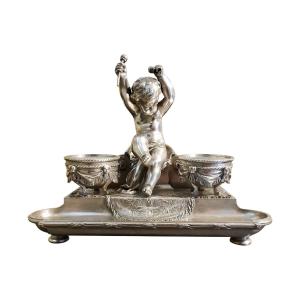 Inkwell Sculpture In Silvered Bronze "putt With Drums" Marnyhac Paris 19th Century