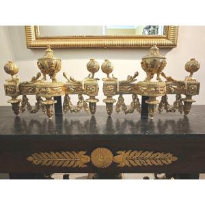 Pair Of Gilt Bronze Firedogs With Antique Pots, Louis XVI Style, 19th Century