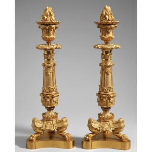 Pair Of Gilt Bronze Candlesticks From The Restoration Period, Circa 1830.