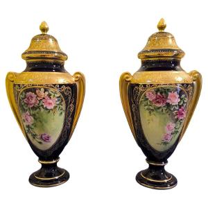 Pair Of Large Covered Baluster Vases (potiches) In Limoges Porcelain. 20th Century