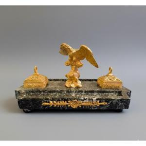 Imperial Eagle Inkwell With Gilded Bronze Cups, Green Marble, Sculpted By Pinèdo, 19th Century