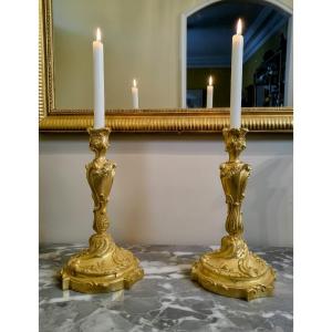 Pair Of Louis XV Style Chased And Gilded Bronze Candlesticks By Ja Meissonnier, Late 19th Century