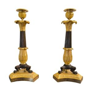 Pair Of Gilt And Patinated Bronze Candlesticks With Lion's Hocks, Early 19th Century 