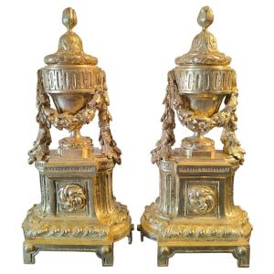 Pair Of Chased And Gilt Bronze Chenets - Louis XVI Style, 19th Century