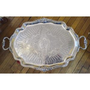 Large Silver-plated Metal Tray, Maison J. Piault, Paris, Louis XV Style, 19th Century