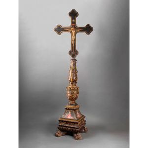 Renaissance Candelabrum Base With Painted Crucifixion - Umbria, 16th Century