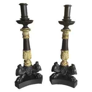  Pair Of Restoration Period Candlesticks With Brown And Gilded Patina.