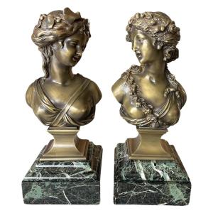 Pair Of Elegant Bronze Busts Signed Lve Robert And Marin