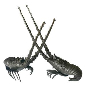 Pair Of Bronze Lobsters With Brown Patina – Japan, Meiji Period