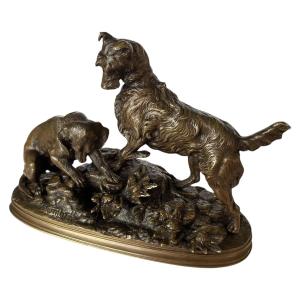 19th Century Bronze Animal Sculpture - Ferdinand Pautrot Group Of Hunting Dogs 