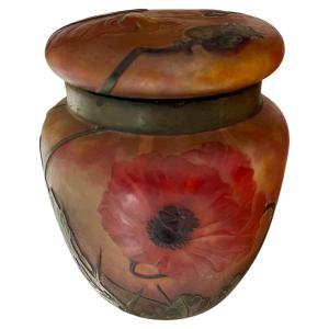 Daum Nancy Covered Pot With Poppy Decoration