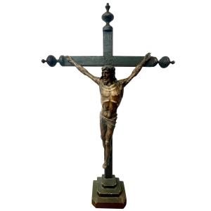 Sacristy Crucifix In Blackened Wood, Late 19th Century - Height 94cm