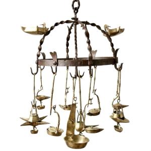 Hanging Wrought-iron Kitchen Set With Oil Lamps, Late 19th Century