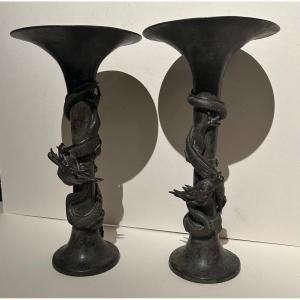 Pair Of Chinese Cornet Vase In Bronze 19th Decor Dragons