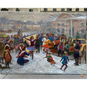 Large Oil On Canvas 1940/50 Slavic Street Scene Russian Dance With Children