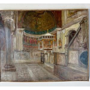 Oil On Canvas Early 20th Signed Henry d'Estienne. Saint Clement Basilique 