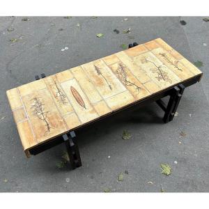 Roger Capron Coffee Table. Vallauris. Ceramic Tile Decorated With Foliage. 60s