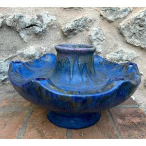 Vase, Tulip Tree In Blue Stoneware From Pierrefonds Art Deco 