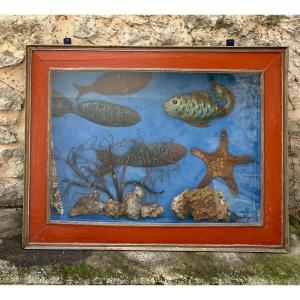 Marine Painting. Brutalism Wall Aquarium In Metal And Wood. Vintage Curiosity Object.