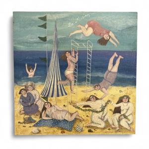 Oil On Wood - Dominique Sellier - Seaside - The Marines - Late 20th Century - Naive