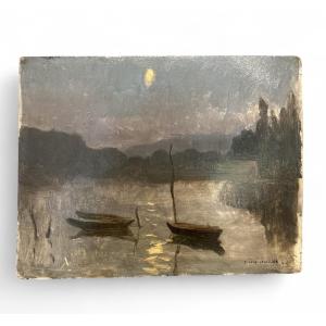 Night Landscape, Boats At Sunset - Edmond Lesselier - 1911 - Oil On Cardboard