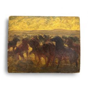 Horses - Humbert Cizaletti - Oil On Cardboard - 20th Century