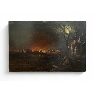 Night Fire - Auguste-jean Gaudin - 20th - Oil On Cardboard