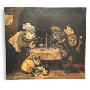 Oil On Canvas - Genre Scene - Monkeys At A Table - 20th Century