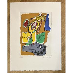 Print By Corneille “blue Head” 1998 Signed