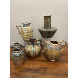 Set Of 6 Glazed Stoneware Vases And Pitchers - 20th Century