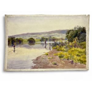 Watercolor - Fishermen In The River - Paul Grégoire (french Watercolorist - 20th)