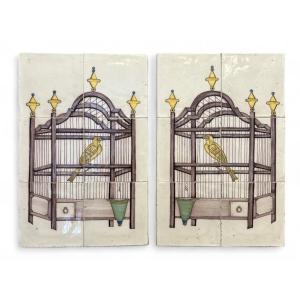 Set Of 2 Delft Earthenware Plaques - Holland 18th Century "birds In A Cage"