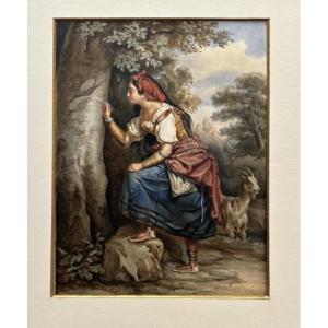 Gouache On Paper 19th Century - Genre Scene - Shepherdess
